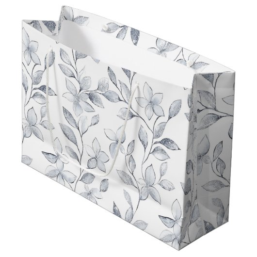 Chic Zilveren Witte Bloemen Huwelijk Groot Cadeauzakje (Voorkant Gekanteld)