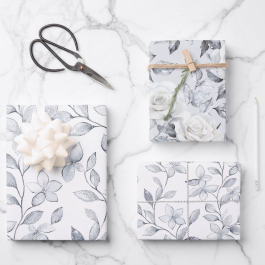 Chic Zilveren Witte Bloemen Huwelijk Inpakpapier Vel (Voorkant)