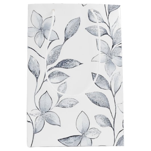 Chic Zilveren Witte Bloemen Huwelijk Medium Cadeauzakje (Voorkant)