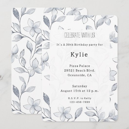 Chic Zilveren Witte Bloemen Verjaardag Kaart (Voorkant / Achterkant)