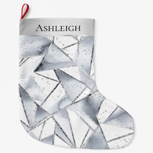 Chic Zilveren Witte Driehoeken Sparkle Kerstmis Grote Kerstsok (Voorkant)