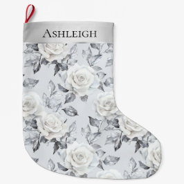 Chic Zilveren Witte Rozen Bloemen Kerst Grote Kerstsok