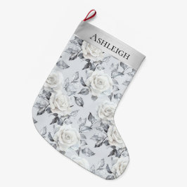 Chic Zilveren Witte Rozen Bloemen Kerst Grote Kerstsok