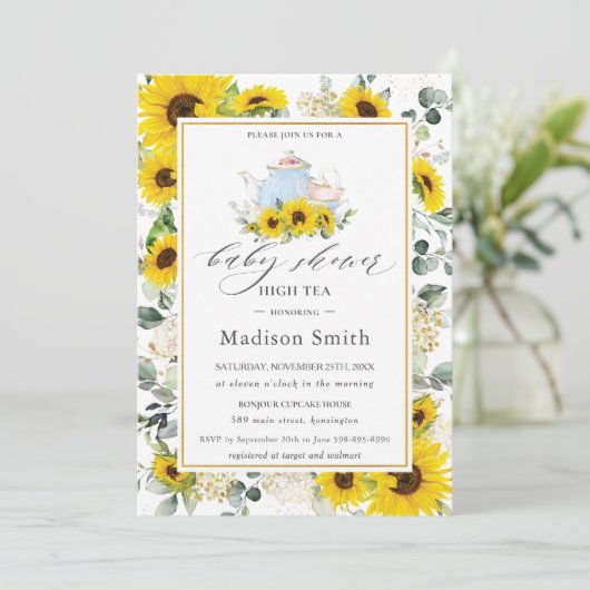 Chic Zonnebloem Bloemen High Tea Party Baby shower Kaart (Staand voorkant)