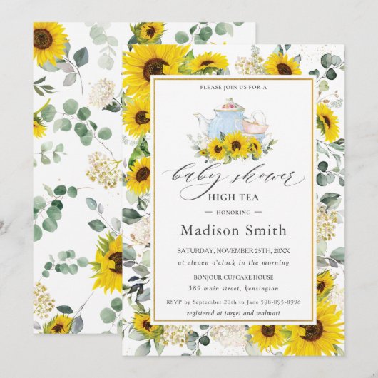 Chic Zonnebloem Bloemen High Tea Party Baby shower Kaart (Voorkant / Achterkant)