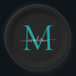 Chic Zwart Blauwgroen Groen Monogram Modern Script Papieren Bordje<br><div class="desc">Eenvoudig Modern Zwart Blauwgroen Groen Monogram Modern Vrouwelijk Script Naam Papier Bord</div>