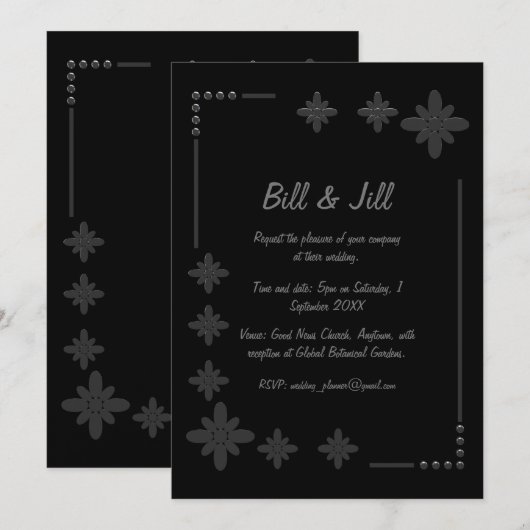 Chic Zwart Bloemen Zilver Lijst bruiloft Kaart (Voorkant / Achterkant)