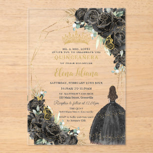 Chic Zwart Bloemrijke Rozen Gouden Quinceanera Swe Acryl Uitnodigingen