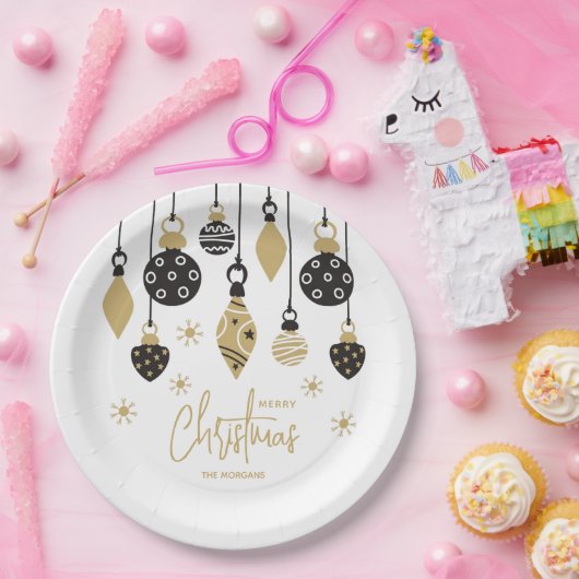 Chic Zwart en Goud Kerst Ornamenten Papieren Bordje (Feest)