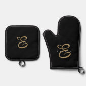 Chic zwart en goud script monogram ovenwant & pannenlap set (Voorkant)