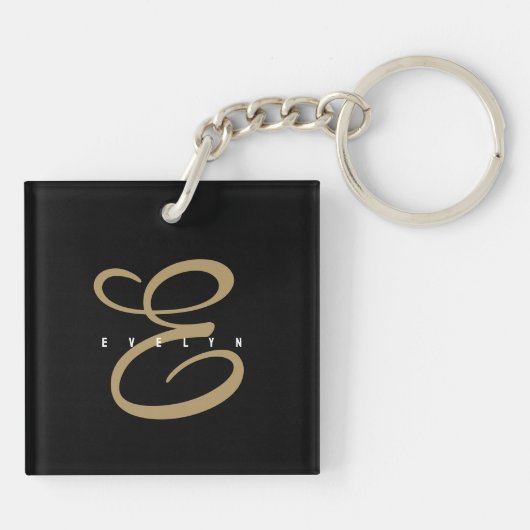 Chic zwart en goud script monogram sleutelhanger (Achterkant)