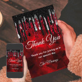 Chic zwart en rood en zilver druppels dank u kaart