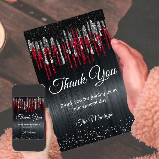Chic zwart en rood zilver glitter druppels dank u kaart