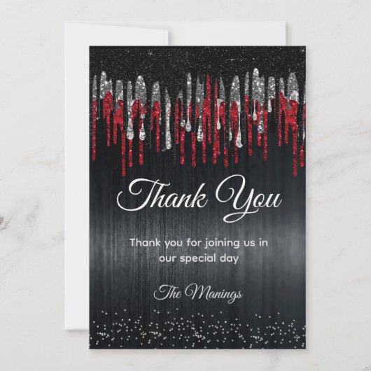 Chic zwart en rood zilver glitter druppels dank u kaart (Voorkant)