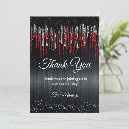 Chic zwart en rood zilver glitter druppels dank u kaart (Staand voorkant)