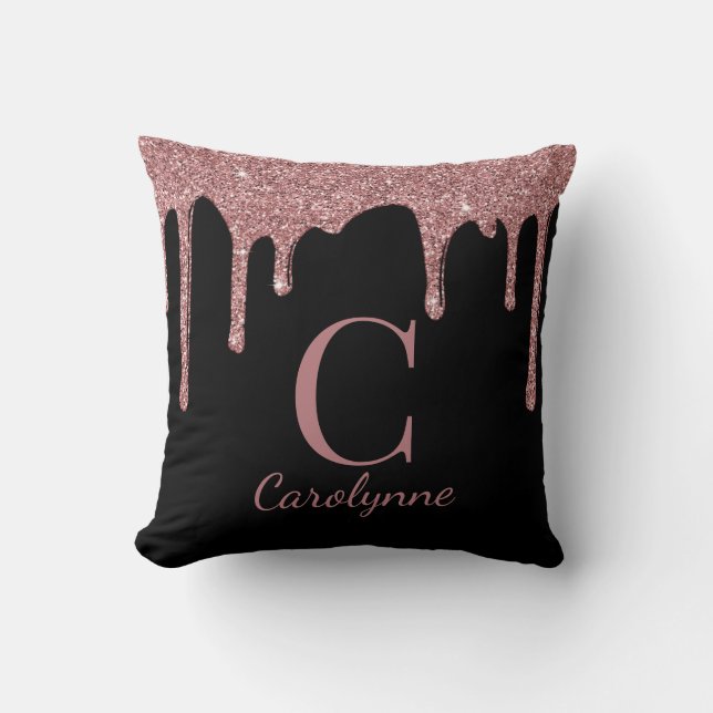 Chic Zwart en Roos Gouden Glitter Drips Monogram Kussen (Voorkant)