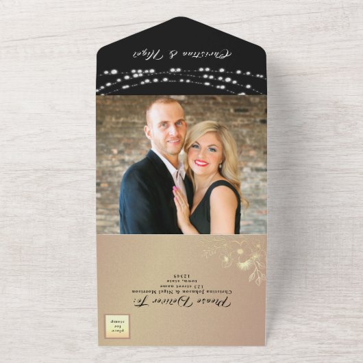 Chic Zwart en Roze bruiloft All In One Uitnodiging (Buitenkant)