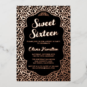 Chic Zwart en Roze Gouden Luipaard Sweet 16 Folie Uitnodiging