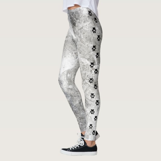 Chic zwart en wit marmeren zijstreep Paw Print Leggings (Links)
