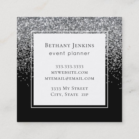 Chic Zwart en Zilver Glitter Visitekaartje (Achterkant)