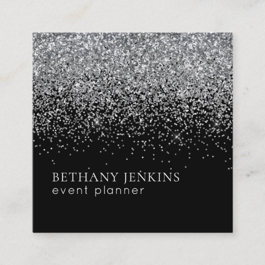 Chic Zwart en Zilver Glitter Visitekaartje (Voorkant)