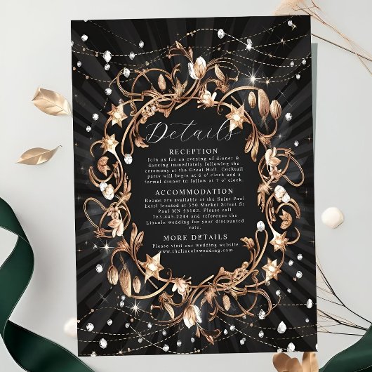 Chic Zwart Golden Leaves Wedding Informatiekaartje