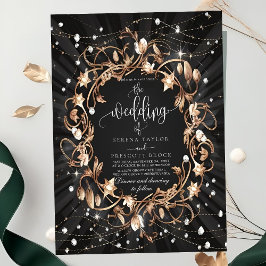 Chic Zwart Golden Leaves Wedding Kaart