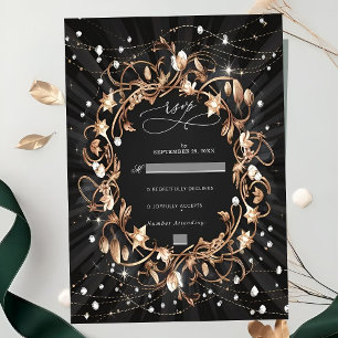 Chic Zwart  Golden Leaves Wedding RSVP Kaartje