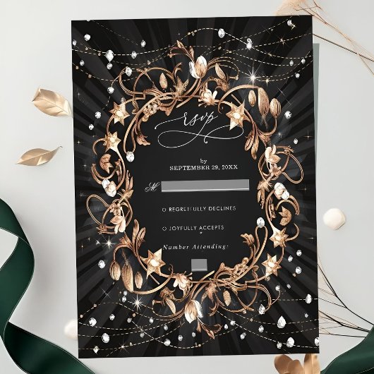 Chic Zwart  Golden Leaves Wedding RSVP Kaartje