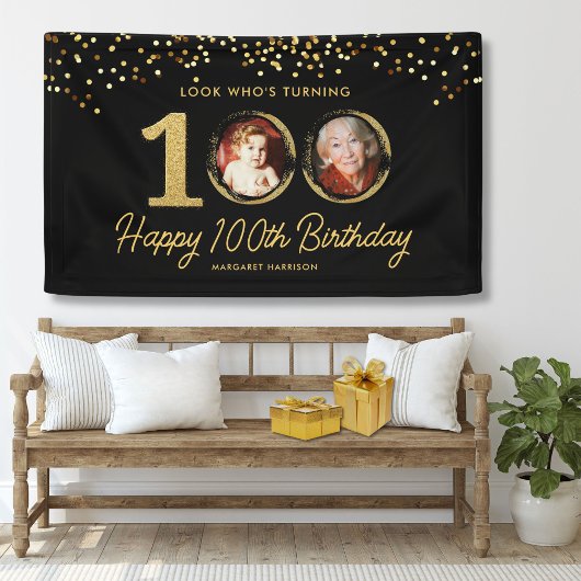 Chic Zwart Goud 100ste Verjaardag Party Custom Fot Spandoek