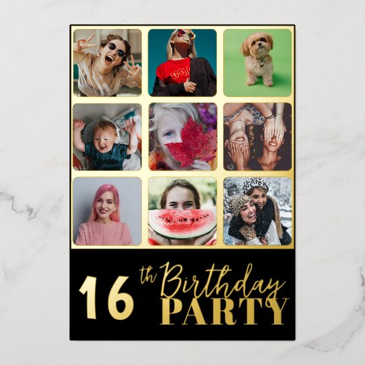 Chic Zwart & Goud 10 Foto Verjaardagsfeest Folie Uitnodiging (Voorkant)