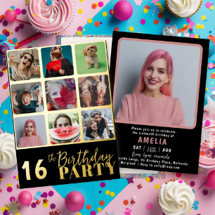 Chic Zwart & Goud 10 Foto Verjaardagsfeest Folie Uitnodiging