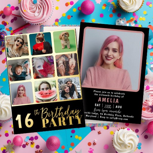 Chic Zwart & Goud 10 Foto Verjaardagsfeest Folie Uitnodiging