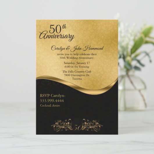 Chic Zwart & Goud 50ste Huwelijksjubileum Kaart (Staand voorkant)