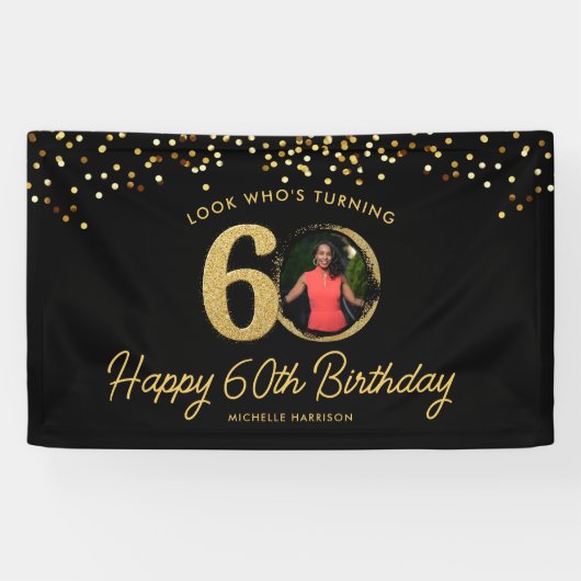 Chic Zwart Goud 60ste Verjaardag Party Custom Phot Spandoek (Horizontaal)