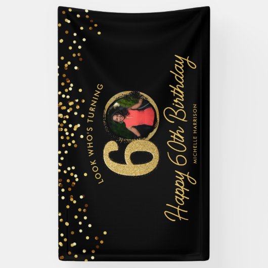 Chic Zwart Goud 60ste Verjaardag Party Custom Phot Spandoek (Verticaal)