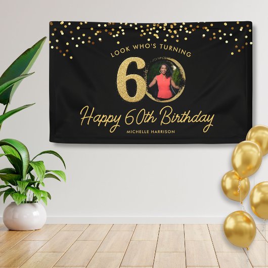 Chic Zwart Goud 60ste Verjaardag Party Custom Phot Spandoek