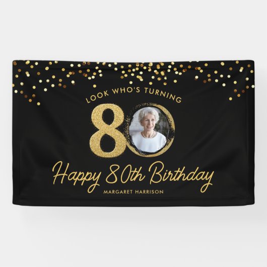 Chic Zwart Goud 80ste Verjaardag Party Custom Phot Spandoek (Horizontaal)