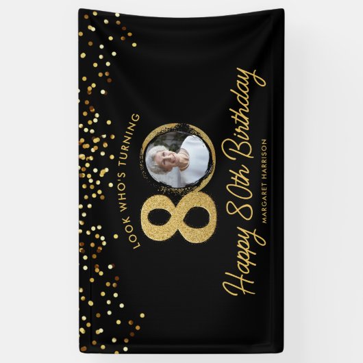 Chic Zwart Goud 80ste Verjaardag Party Custom Phot Spandoek (Verticaal)
