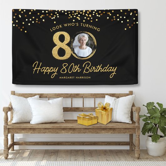 Chic Zwart Goud 80ste Verjaardag Party Custom Phot Spandoek