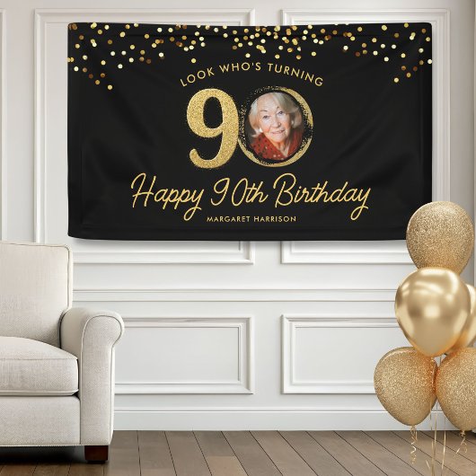 Chic Zwart Goud 90ste Verjaardag Party Custom Phot Spandoek