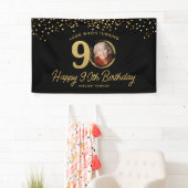 Chic Zwart Goud 90ste Verjaardag Party Custom Phot Spandoek (Insitu)