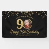 Chic Zwart Goud 90ste Verjaardag Party Custom Phot Spandoek (Horizontaal)