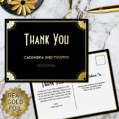 Chic Zwart Goud Art Deco Floral Wedding Dank u Folie Uitnodiging Briefkaart