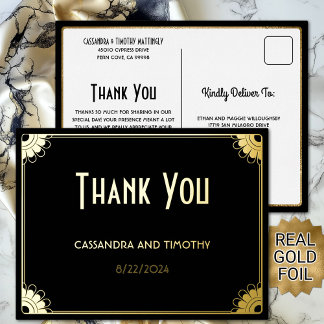 Chic Zwart Goud Art Deco Floral Wedding Dank u Folie Uitnodiging Briefkaart
