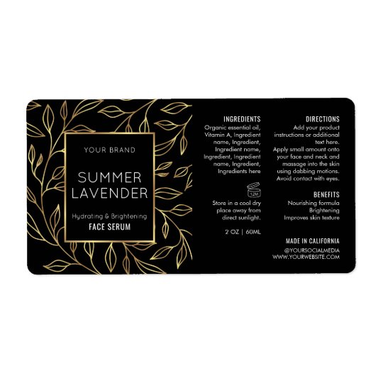 Chic Zwart & Goud Bloemen 2 OZ Dropper Fles Label (Voorkant)
