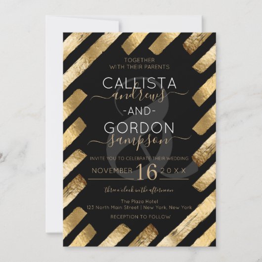 Chic Zwart Goud Brushstroke Stripe Border Wedding Kaart (Voorkant)
