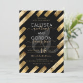 Chic Zwart Goud Brushstroke Stripe Border Wedding Kaart (Staand voorkant)