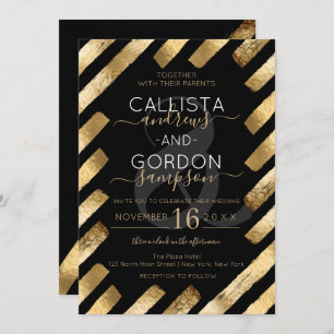 Chic Zwart Goud Brushstroke Stripe Border Wedding Kaart
