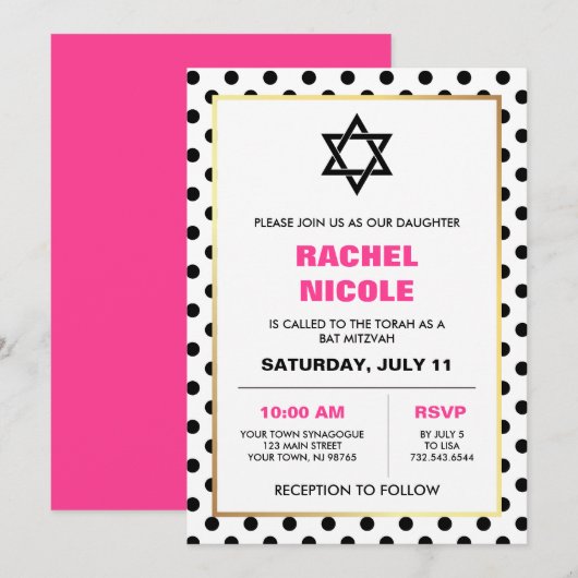 Chic Zwart Goud en Roze Polka Dots Bat Mitswa Kaart (Voorkant / Achterkant)